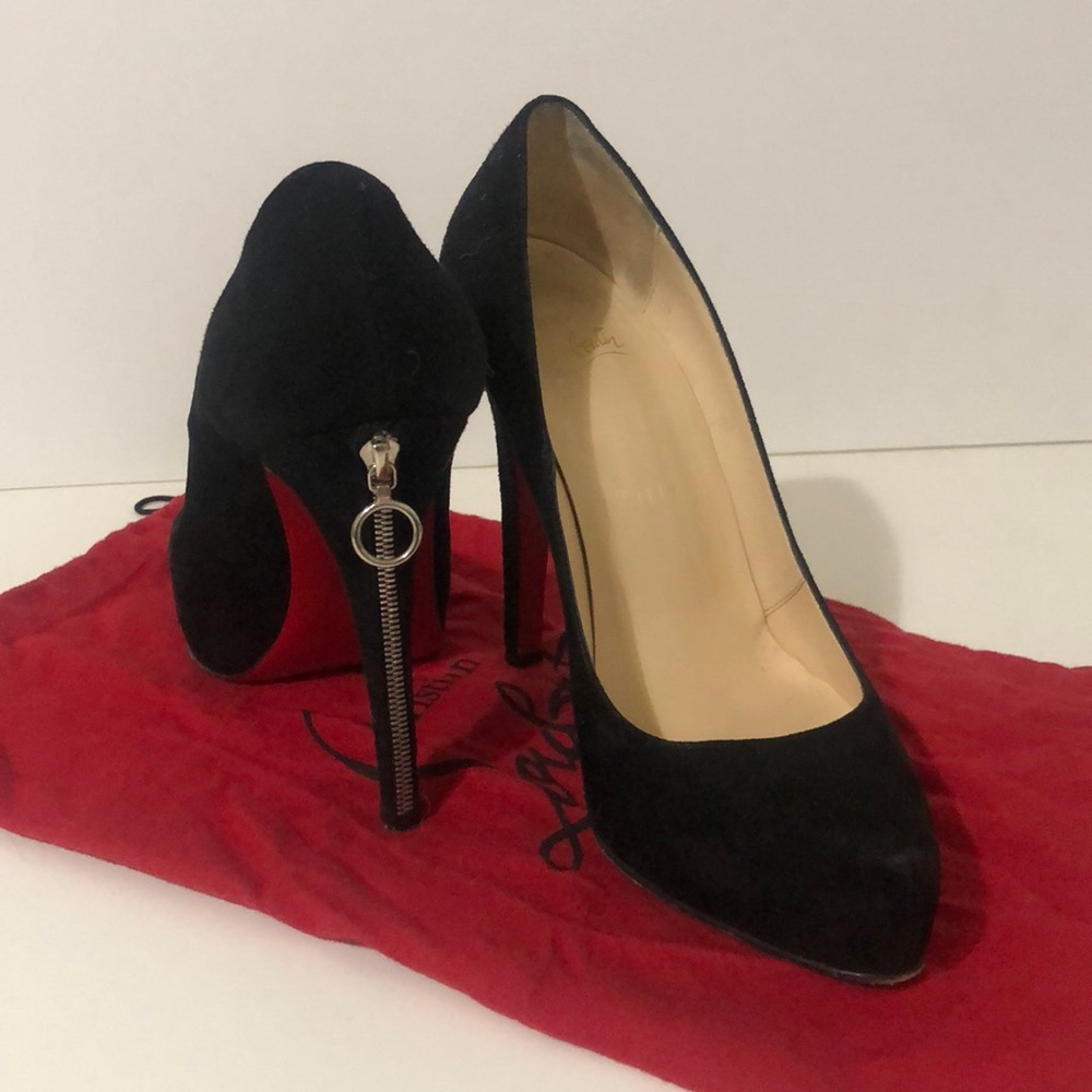 Christian Louboutin Black Suede Zipper Back Heel, size 36.5